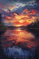 Fototapeta premium A painting capturing the vibrant colors of a sunset over a tranquil lake, with the sky ablaze in shades of orange, red, and yellow reflecting on the waters surface