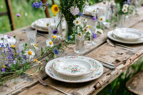 A rustic wooden table is adorned with a collection of plates and vases filled with colorful flowers, creating a charming and inviting tabletop display