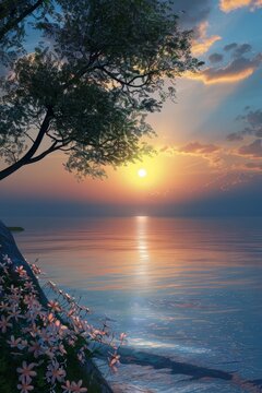 A serene sunset over a calm lake