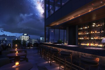 Obraz premium The photo captures the stunning view from a rooftop bar, showcasing the illuminated city skyline at night. The bar provides a perfect vantage point to enjoy the city lights and nightlife below