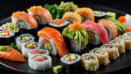 sushi on a plate, sushi and chopsticks