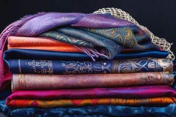 A pile of colorful scarves made of luxurious silk, beautifully stacked on top of each other. The scarves showcase a variety of vibrant colors and patterns, adding a pop of color to any outfit or space