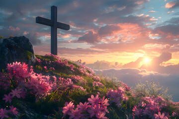 A religious cross on a hilltop with spring flowers and sunrise, depicting a Christian art. - obrazy, fototapety, plakaty