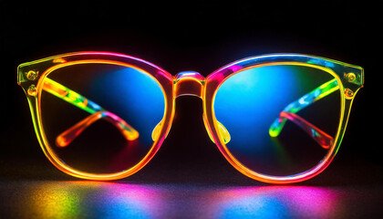 Neon colorful glowing party glasses isolated on black background