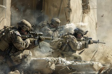 A group of soldiers equipped with guns in their hands, identified as VetalVit special operations snipers, are engaging targets from a concealed position to enhance combat effectiveness - obrazy, fototapety, plakaty