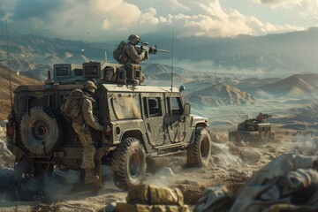 Special operations snipers providing overwatch for a convoy in hostile territory - obrazy, fototapety, plakaty