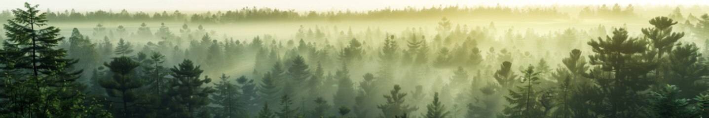 Tree tops beautiful scenic view. Happy morning in the forest. Sunny fog clouds above the pines and woods.