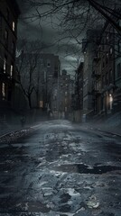 Mysterious moonlit city street at night