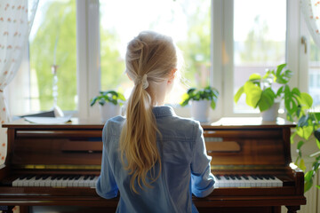 A young girl with a ponytail sits in front of a piano by a window, bathed in natural light - Powered by Adobe