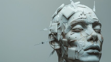 An eerie depiction of a mannequin face, its eyes covered with band-aids and head pierced by syringes, presented against a gray background for a surreal effect