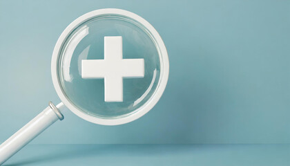 White plus sign inside of magnifier glass with copy space for focus positive mindset , Healthcare and value added concept by 3d render illustration.
