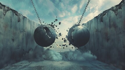 An illustration of two wrecking balls breaking down a wall together, symbolizing the power of collaboration and overcoming barriers in unity