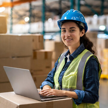 Young warehouse employee working with a laptop