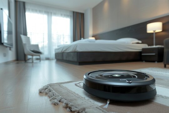 robot vacuum cleaning a modern bedroom interior, showcasing the sleek design of the robot