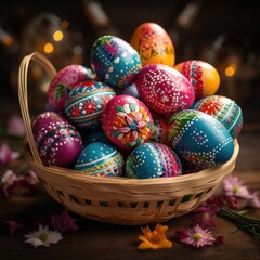 Fototapeta na wymiar Decorated easter eggs in a basket with colorful happy colors