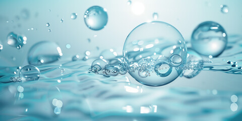 Transparent bubbles float and ripple across the serene surface of water - obrazy, fototapety, plakaty