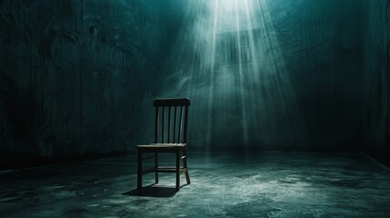 An isolated wooden chair placed in a dark, intimidating prison cell, illuminated by an interrogation spotlight, evoking feelings of fear and anticipation of questioning  - obrazy, fototapety, plakaty