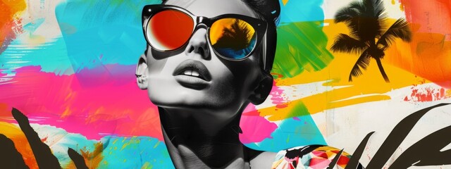 Pop art collage with woman in sunglasses for summer vacation. Retro style poster design for travel agency, beach party invitation, or tropical resort advertisement. Colorful paper cut out illustration