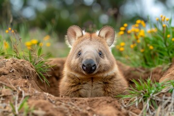 Fototapeta premium Adorable Quokka Smiling in Natural Habitat Surrounded by Wildflowers and Greenery