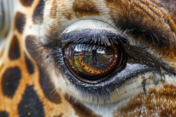 Close-up Detail of a Giraffe Eye with Reflections, Vibrant Wildlife Portrait, Nature Photography