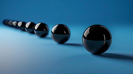 Men's leadership concepts depicted by a dark sphere leading other shapes on a blue background, symbolizing career development and winning strategies