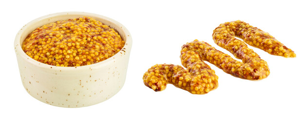 Bowl with french mustard isolated on white background with full depth of field