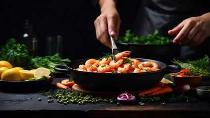 Cook preparing seafood shrimp in a pan. Generative AI.