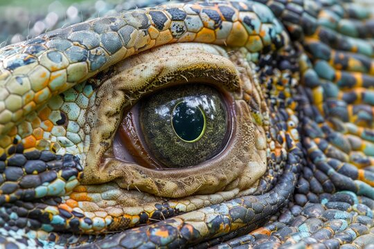 Close-up of a Colorful Reptile Eye Reflecting Light Surrounded by Textured Scales in Natural Habitat
