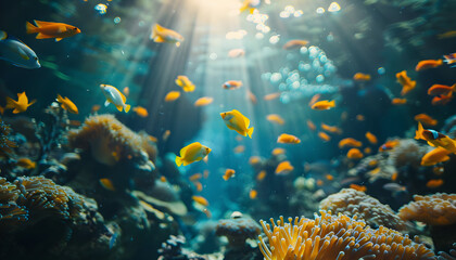 A vibrant underwater scene with tropical fishes and coral reef, perfect for marine life enthusiasts and nature lovers. - obrazy, fototapety, plakaty