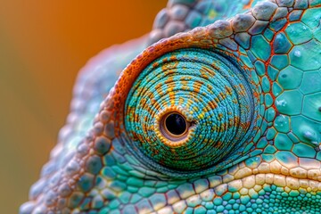 Close-Up of Vibrant and Textured Chameleon Eye with Vivid Colors in Natural Habitat