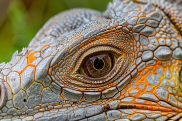 Fototapeta premium Close-Up of Vividly Textured Green Iguana Eye in Natural Setting