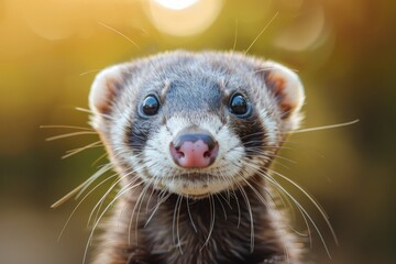 Close-up Portrait of a Cute and Inquisitive Domestic Ferret in Natural Sunlight with a Vibrant Blurred Background
