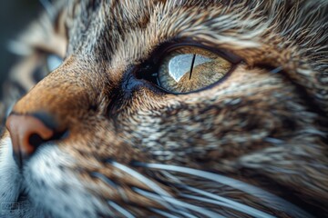 Close-up Portrait of a Domestic Cat with Striking Eyes and Detailed Fur Texture, Capturing the Essence of Feline Beauty in a Natural Setting - obrazy, fototapety, plakaty