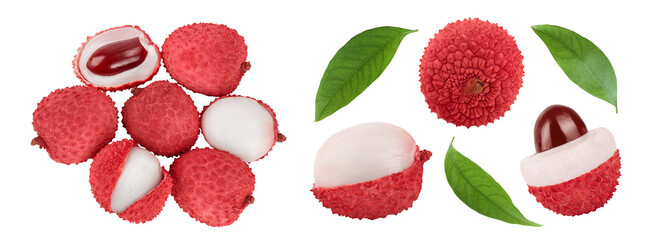lychee fruit isolated on white background with full depth of field. Top view. Flat lay