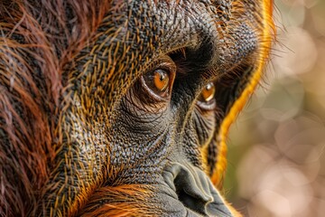 Close-up Portrait of a Majestic Orangutan with Intense Gaze in Natural Habitat - obrazy, fototapety, plakaty
