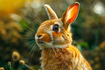 Close-up Portrait of Cute Brown Rabbit in Natural Outdoor Setting with Warm Golden Sunlight and Blurry Background