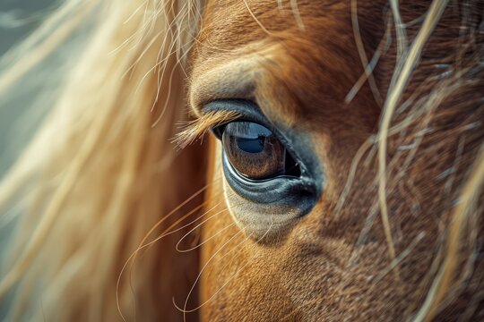 Close-up View of a Chestnut Horse Eye with Detailed Eyelash Texture and Mane in Soft Focus Background