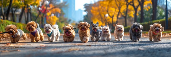 Diverse dog breeds on a city park stroll with professional walking service