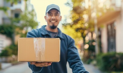 A delivery man holding out a cardboard box to a customer