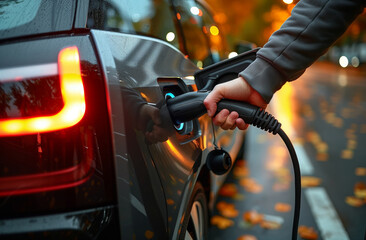 Charging, refuelling an electric car side view of a man holding out his hand with a cord