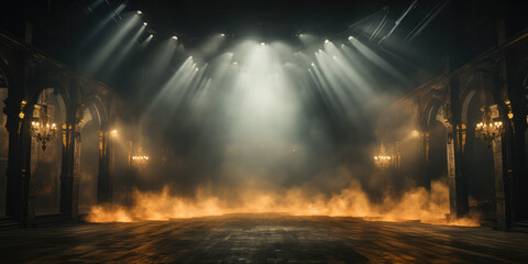 An atmospheric and grandiose stage enveloped in mist, with dramatic beams of light - obrazy, fototapety, plakaty