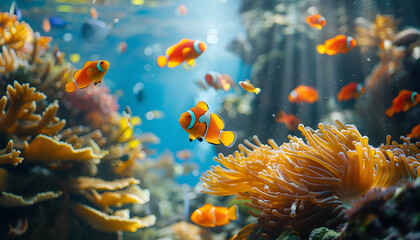 Fototapeta na wymiar A vibrant underwater scene with tropical sea fishes swimming among colorful coral reefs.