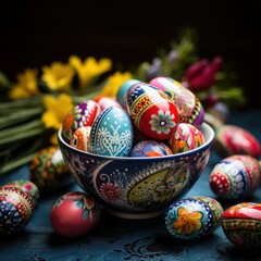 Fototapeta premium Decorated easter eggs in a basket with colorful happy colors