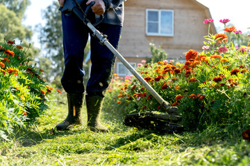 A man mows the grass with a grass trimmer