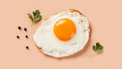 Traditional delicious fried egg viewed from above isolated on peach fuzz tone background. Minimalist cooking concept