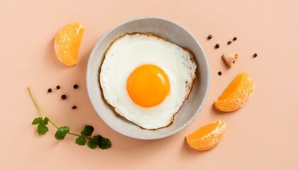 Traditional delicious fried egg viewed from above isolated on peach fuzz tone background. Minimalist cooking concept