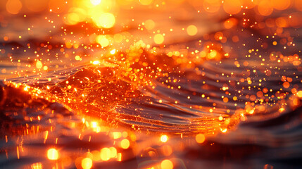 Blurry gold water with bubbles and golden sparks. Escapism abstract background.