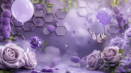 Lilac garden, petrol mist, hexagonal trellis, a butterfly, three roses, and lilac acrylic balloons