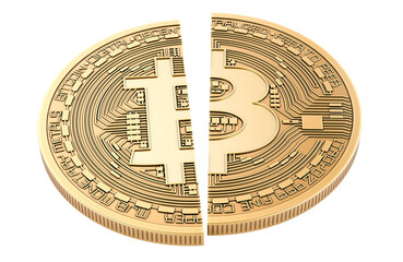 Bitcoin halving, concept. Bitcoin coin cut in half, 3D rendering isolated on transparent background - 763589980