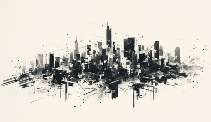 Black ink on gray paper, drawing of a city skyline in a minimalistic, very simple design